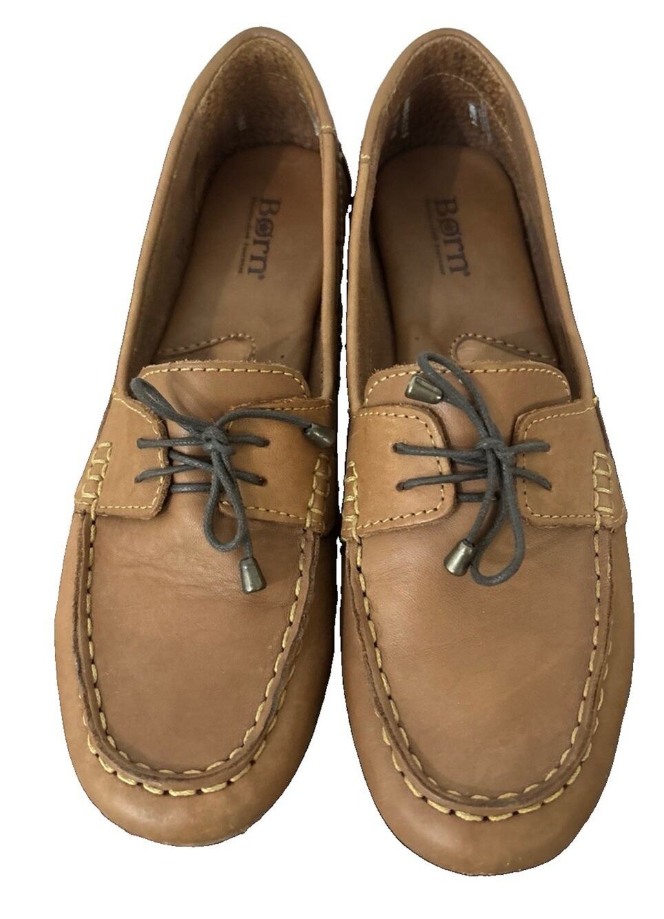 Born Womens Size 11 Tan Leather Boat Shoe Loafers Bungee Lace Moc Toe Comfort